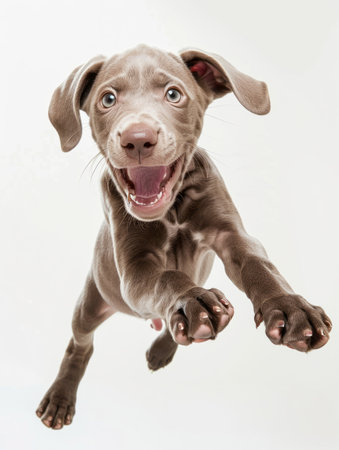 Studio shot of an adorable Weimaraner puppy on white background.の素材