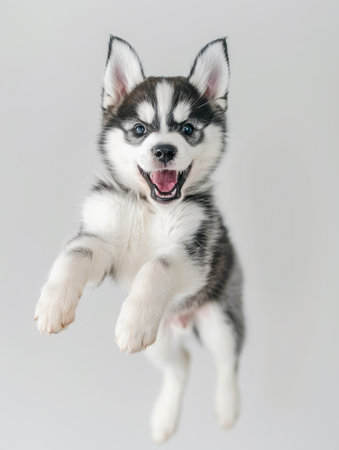 Cute siberian husky puppy jumping on gray background.の素材