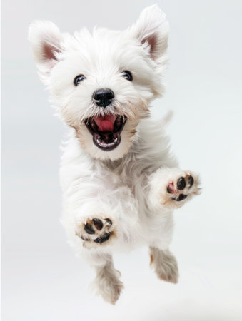 West highland white terrier jumping isolated on a white background.の素材