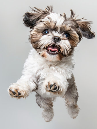 Cute Shih Tzu puppy jumping on a gray background.の素材