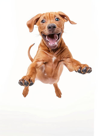 Funny Rhodesian Ridgeback dog jumping with dumbbells isolated on white backgroundの素材