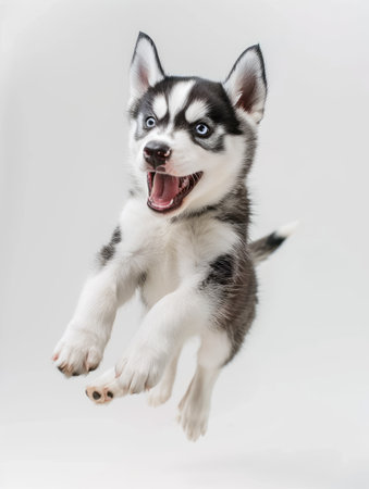 Siberian Husky puppy jumping on white background. Studio shot.の素材