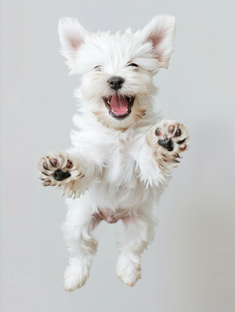 White West Highland Terrier puppy jumping in the air. Studio shot.の素材
