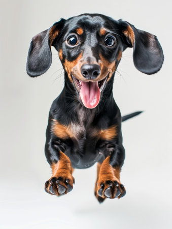 Portrait of a black and tan dachshund dog jumpingの素材