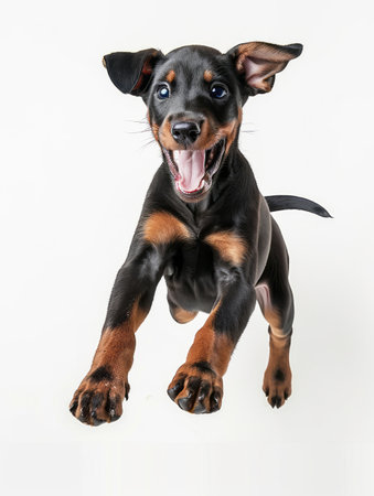Portrait of a purebred doberman puppy on a white backgroundの素材