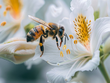 Bee on white lily flower. Macro image of honeybee pollinating flower.の素材