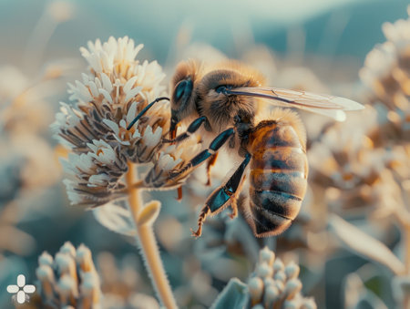 Close up of a bee pollinating a flower in the meadowの素材