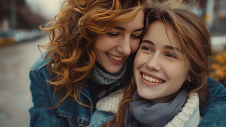 Two beautiful young women in jeans jackets and scarves are hugging and smiling.の素材