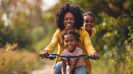 happy african american family with little daughter riding bicycle in parkの素材