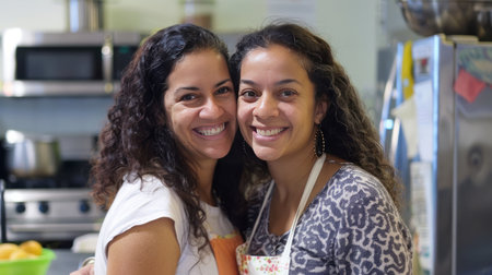 Couple of Hispanic women in a kitchen smiling at the camera.の素材