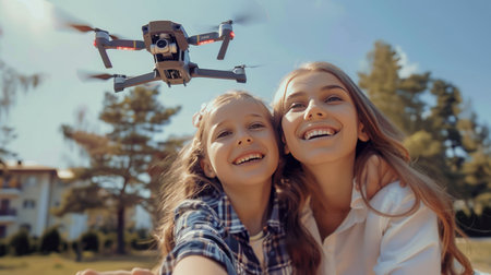 Beautiful young mother and her cute little daughter are playing with quadcopter and smiling while flying outdoorsの素材