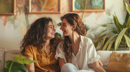 Two young women talking and laughing while sitting on the couch at homeの素材
