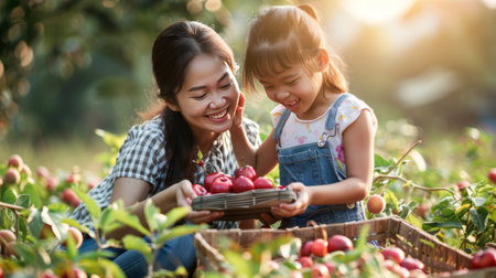 Happy asian mother and daughter picking red ripe apples in the gardenの素材