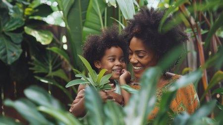 happy african american mother and daughter looking at plant in gardenの素材