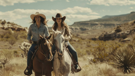 Cowgirl friends riding on horseback in the Mojave Desert.の素材