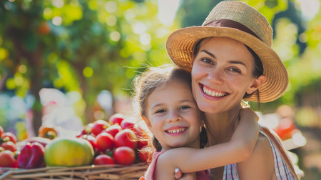 Cute little girl with her mother in the farmers market. Selective focus.の素材