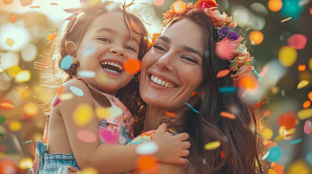 Happy mother and daughter having fun in the park with confetti.の素材