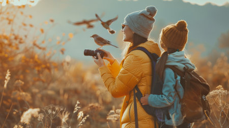 Young woman in yellow jacket and hat with camera photographing birds at sunsetの素材