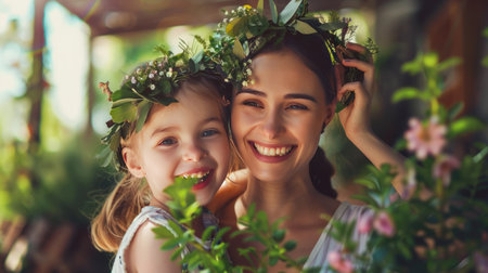 Portrait of happy mother and daughter in floral wreaths.の素材