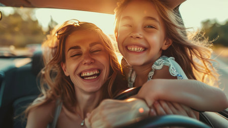 Happy family. Mother and daughter smiling while driving a car on a sunny dayの素材