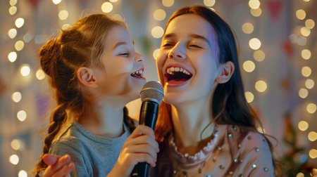 happy mother and daughter singing karaoke together in christmas roomの素材