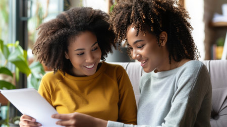 Two young african american women sitting on couch in living room, looking at tablet screen and smiling. Smiling female friends reading book together. Communication conceptの素材