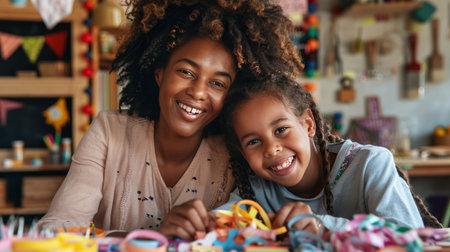 Portrait of happy African American mother and daughter making paper crafts togetherの素材