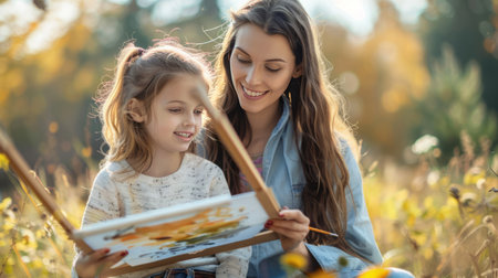 Mother and daughter painting on canvas in autumn park. Happy family having fun outdoors.の素材