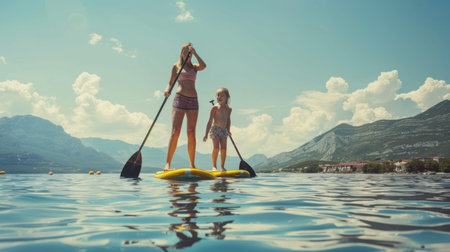 Mother and daughter on a stand up paddle board on a lake in Montenegroの素材