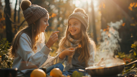 Cute little girls having fun on a picnic in the autumn forestの素材