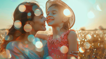 Mother and daughter having fun in the field on a sunny day.の素材