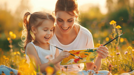 Mother and daughter paint a picture in the field. Happy family.の素材