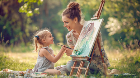Mother and daughter painting in the park. Happy family having fun outdoors.の素材