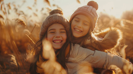 Two cute little girls having fun in a wheat field on a sunny day.の素材