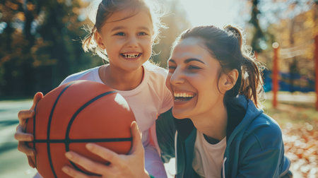 Mother and daughter are playing basketball. They are laughing and smiling.の素材