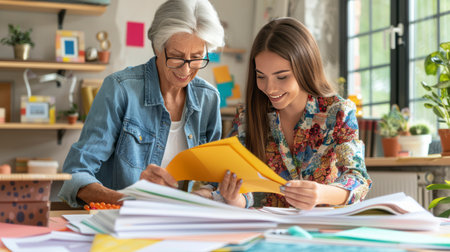 Beautiful mature woman and her adult daughter doing homework together at homeの素材