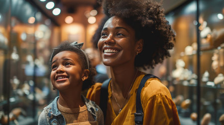 happy african american mother and daughter looking at antiques in shopの素材