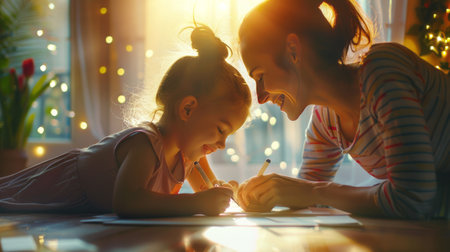 Mother and daughter doing homework at home. Happy family. Motherhood.の素材