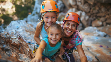 Mother and daughter climbing together on a rocky wall. A woman and a girl are engaged in extreme sports.の素材