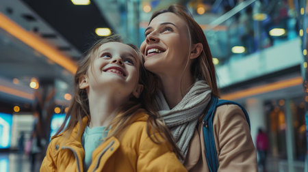 smiling mother and daughter looking at each other in shopping center, panoramic shotの素材