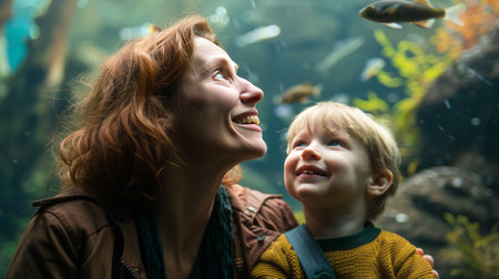 Happy mother and son looking at fish in aquarium. Concept of friendly family.の素材