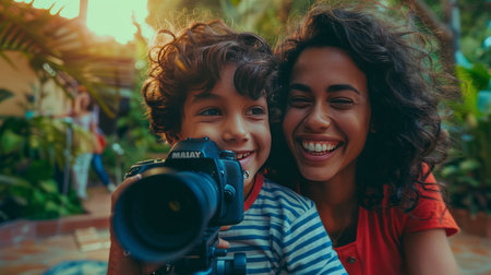 Happy mother and son with a camera in the park. Family travel concept.の素材