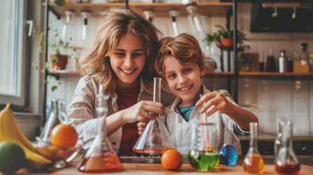 Selective focus of kids holding test tubes with colorful liquids in laboratoryの素材