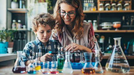 Cute little boy and his mother making science experiments in the laboratoryの素材