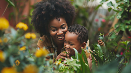 happy african american mother with son in flower garden, mothers day conceptの素材