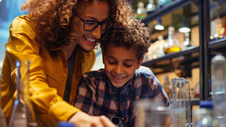 african american mother and son in eyeglasses at bar counterの素材