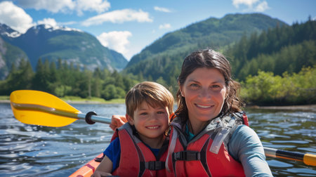 Portrait of mother and son kayaking on river against mountains in backgroundの素材