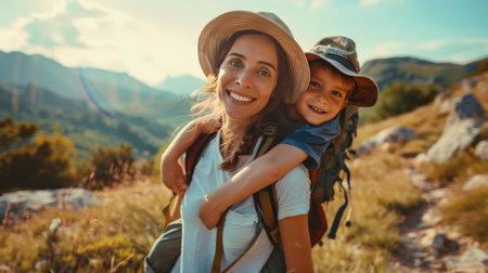 Happy mother and son hiking in the mountains. Traveling with children concept.の素材