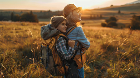 Mother and daughter travelers in the mountains at sunset. Traveling with children concept.の素材