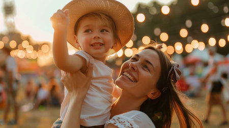 Happy mother and her little daughter having fun on the beach at sunsetの素材